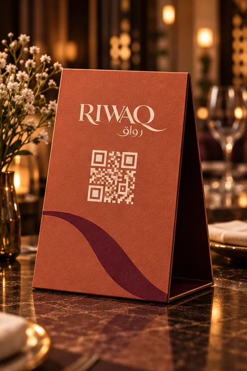 حامل قائمة من رواق على شكل خيمة بلون التراكوتا مع انحناءة عنّابية ورمز QR مطبوع على طاولة طعام