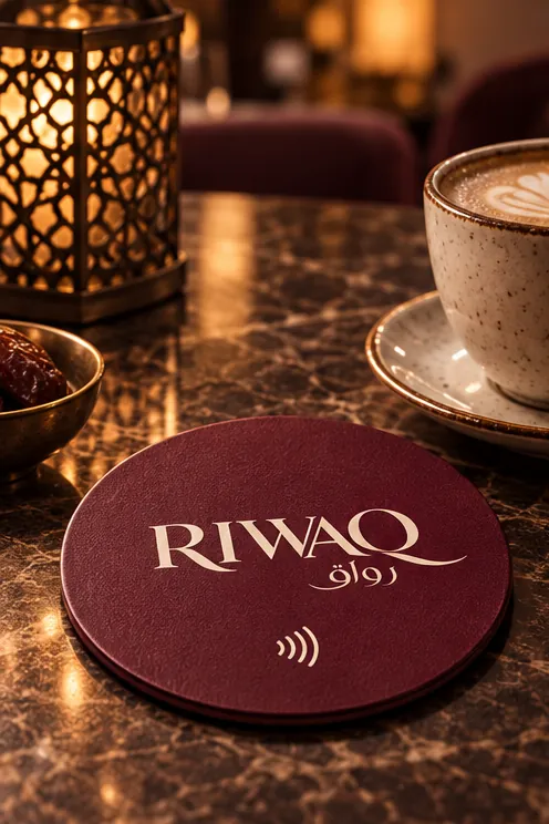 قاعدة كوب مستديرة عنّابية من رواق عليها الشعار بالكريمي وعلامة NFC صغيرة فوق طاولة رخامية، بجانب فنجان قهوة وطبق تمر