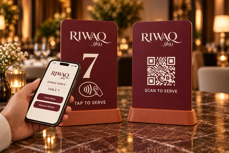 يد تحمل هاتفاً يعرض صفحة الطاولة 7 في رواق سيرف مع خياري عرض القائمة وطلب نادل، بجانب حامل عنّابي للطاولة 7 عليه نقطة NFC، وحامل آخر عليه رمز QR